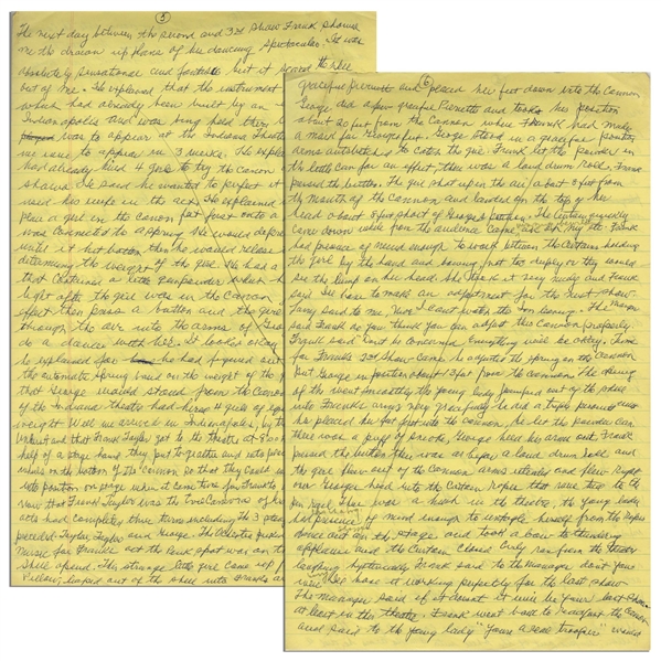 Moe Howard's Handwritten Manuscript Page When Writing His Autobiography -- Moe Writes About Vaudeville: ''he would place a girl in the canon feet first''  -- Two Pages on One 8'' x 12.5'' Sheet